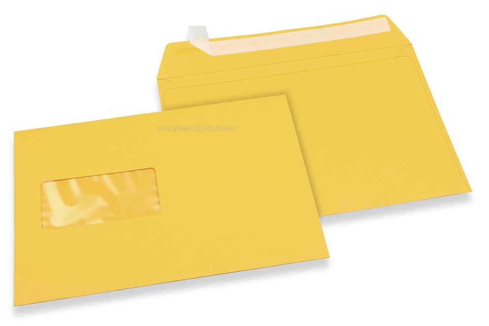 Sonnenblumengelb, Fensterbriefumschläge farbig, 110 x 220 mm (DL), Fenster links, Fensterformat 45 x 90 mm, Fensterposition 20 mm von links / 15 mm von unten, Haftklebeverschluss, 120 gr farbiges Papier 