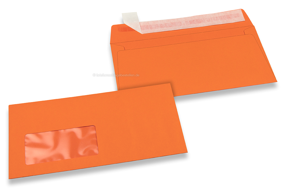 Orange, Fensterbriefumschläge farbig, 110 x 220 mm (DL), Fenster links, Fensterformat 45 x 90 mm, Fensterposition 20 mm von links / 15 mm von unten, Haftklebeverschluss, 120 gr farbiges Papier 