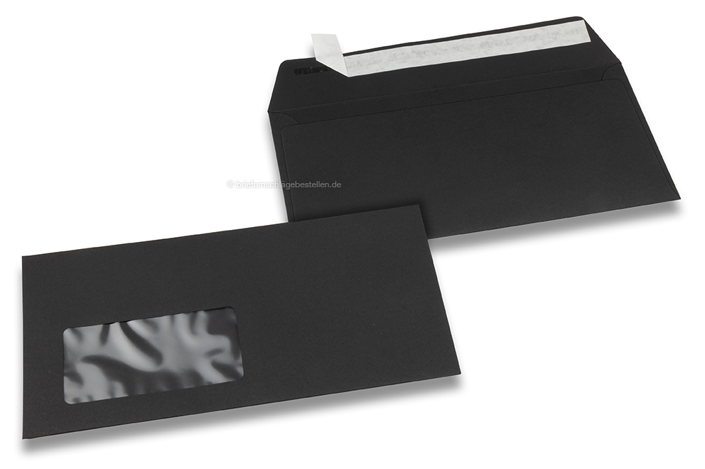 Schwarz, Fensterbriefumschläge farbig, 110 x 220 mm (DL), Fenster links, Fensterformat 45 x 90 mm, Fensterposition 20 mm von links / 15 mm von unten, Haftklebeverschluss, 120 gr farbiges Papier 
